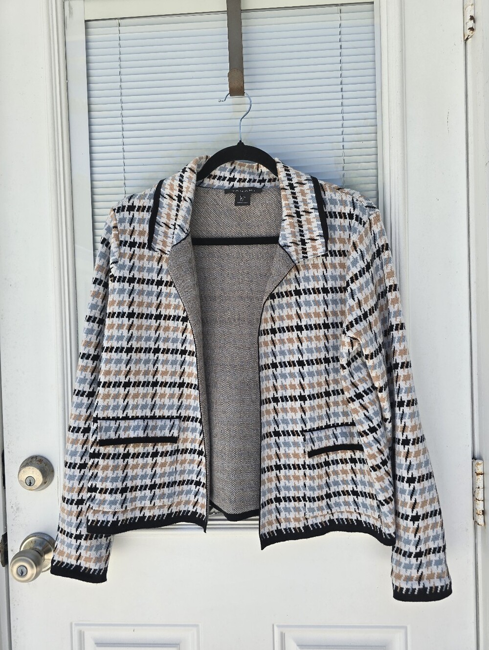 Tahari Houndstooth Knit Zip-Front Jacket in Black, White & Tan